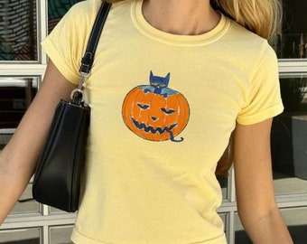 Cool Cat Pumpkin Baby Tee, Halloween Vintage Y2k Top, Goth Punk Baby Tee, Baby Tee Y2k, 90s Retro Graphic Top, Grunge Pinterest Aesthetic
