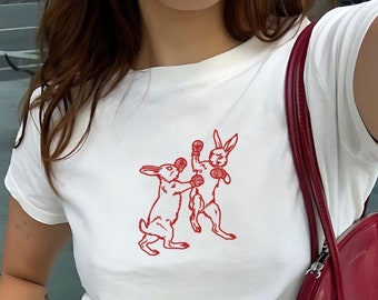 Retro Red Baby Tee, Boxing Bunnies, Coquette Clothing, Vintage Graphic, Pinterest Aesthetic, 90s Tshirt, Y2K Shirt, Grunge Aesthetic Shirt