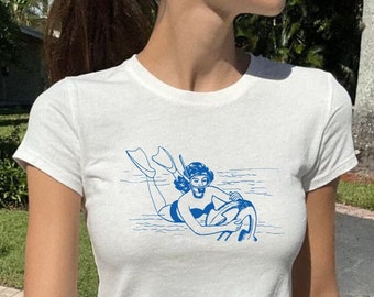 Coastal Girl Baby Tee, Beach Summer Diving Tee, Coquette Clothing, Retro Girl, Vintage Graphic Top, Pinterest Aesthetic, 90s Tshirt, Y2k