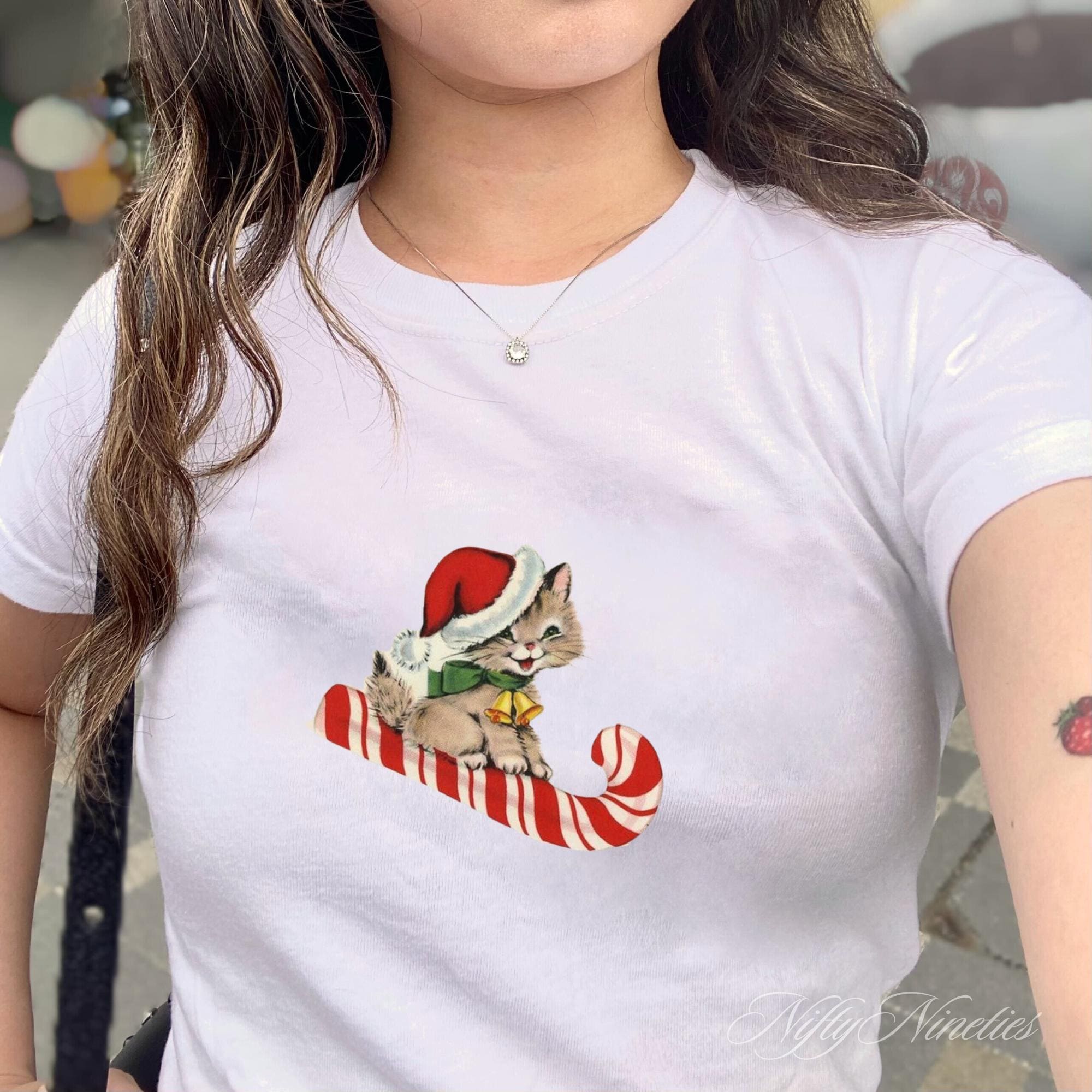 Vintage Christmas Cat Baby Tee, Candy Cane Kitten, Cute Y2K Retro