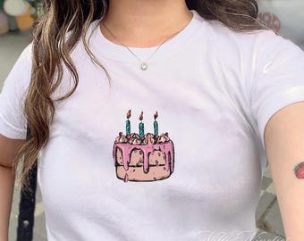Birthday Girl Tee, Birthday Cake Baby Tee, Pinterest Aesthetic, Retro Cake Shirt, Coquette Tshirt, Retro Graphic Top, Y2k Style 90s Clothing