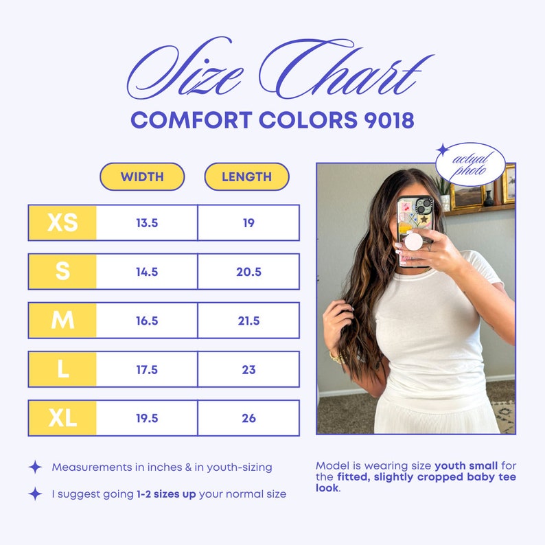 May include: Size chart for youth-sized t-shirts in sizes XS to XL. The chart shows width and length measurements in inches. The text "COMFORT COLORS 9018" is at the top of the chart. The text "Measurements in inches & in youth-sizing" and "I suggest going 1-2 sizes up your normal size" are at the bottom of the chart.