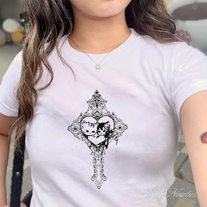 Vintage Cross Kitten Baby Tee, Retro Cat Graphic Top, Coquette Baby Tee, Pinterest Aesthetic, 90s Tshirt, Y2K Shirt, Grunge Aesthetic Shirt