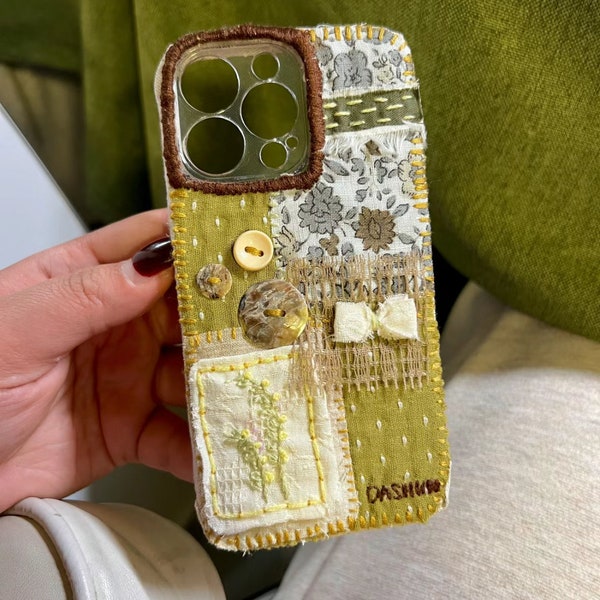 Hand-Sewn Patchwork Fabric Phone Case with Button Decoration