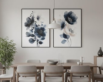 Navy Blue Floral Print Set – Beige Botanical Giclée Wall Art