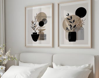Boho Botanical Prints Set: Beige & Black Minimalist Wall Art