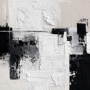 May include: Abstract textured painting in black, white, and beige. The artwork features thick brushstrokes and a layered effect, creating a sense of depth and dimension. The composition is a mix of geometric shapes and organic forms.