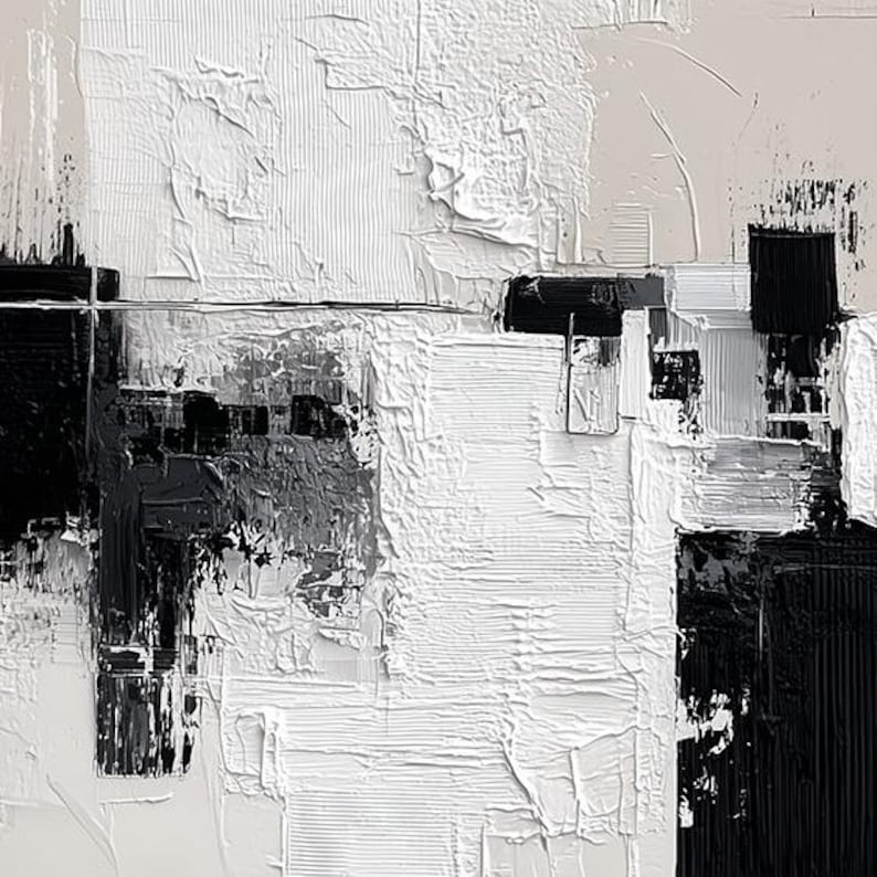 May include: Abstract textured painting in black, white, and beige. The artwork features thick brushstrokes and a layered effect, creating a sense of depth and dimension. The composition is a mix of geometric shapes and organic forms.