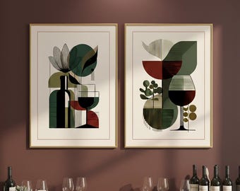 Mid-Century Modern Abstract Prints: Wine Bottle & Floral Art, Set of 2
