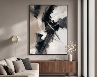 Abstract Canvas Print, Black Beige Brushstroke Wall Art, Modern Minimalist Home Decor