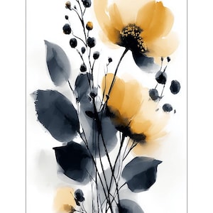 May include: Watercolour painting of yellow flowers with dark grey leaves and stems against a white background. The floral arrangement features multiple blooms and small, dark berries, creating a soft, artistic aesthetic.