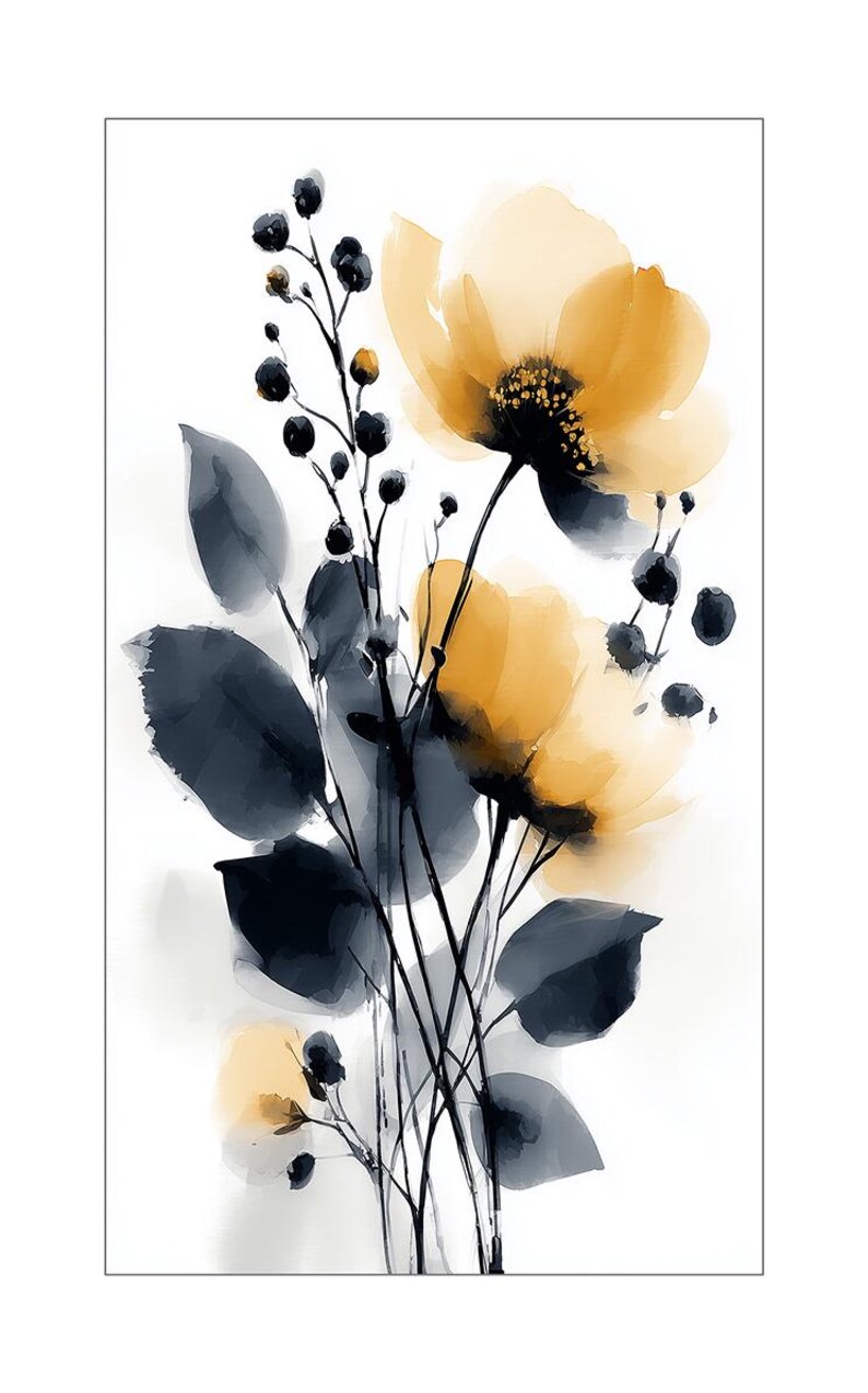 May include: Watercolour painting of yellow flowers with dark grey leaves and stems against a white background. The floral arrangement features multiple blooms and small, dark berries, creating a soft, artistic aesthetic.
