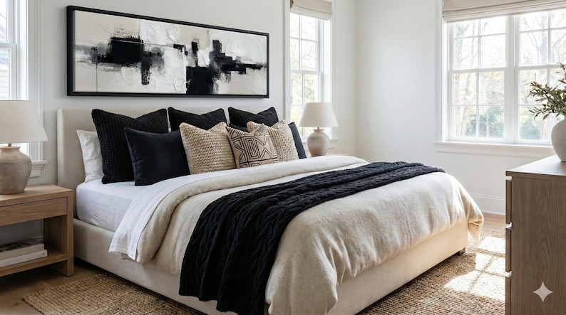 May include: A bedroom with a neutral color palette. The bed is made with a cream-colored comforter and a black knitted throw. Decorative pillows in black, beige, and patterned designs are arranged on the bed. A large abstract painting hangs above the bed.