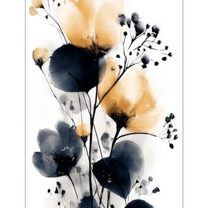 May include: Watercolour floral art print featuring yellow and navy blue flowers with black stems and leaves against a white background. The artwork showcases a delicate, artistic style, ideal for home decor.