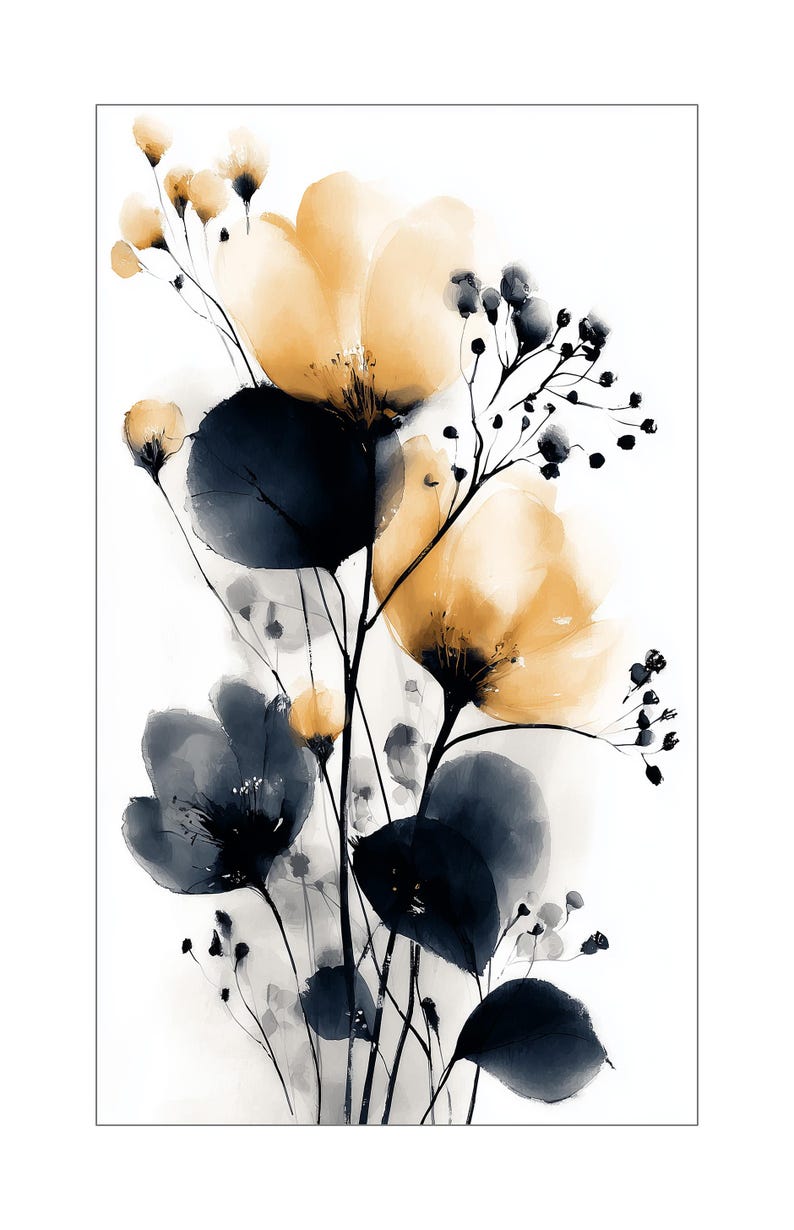 May include: Watercolour floral art print featuring yellow and navy blue flowers with black stems and leaves against a white background. The artwork showcases a delicate, artistic style, ideal for home decor.