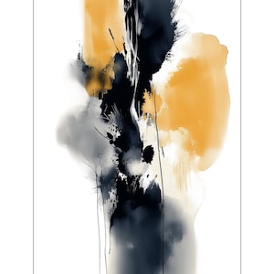 May include: Abstract art print with a vertical design of layered brushstrokes. The artwork uses black, mustard yellow, and grey against a white background. Fine black lines add detail to the design.