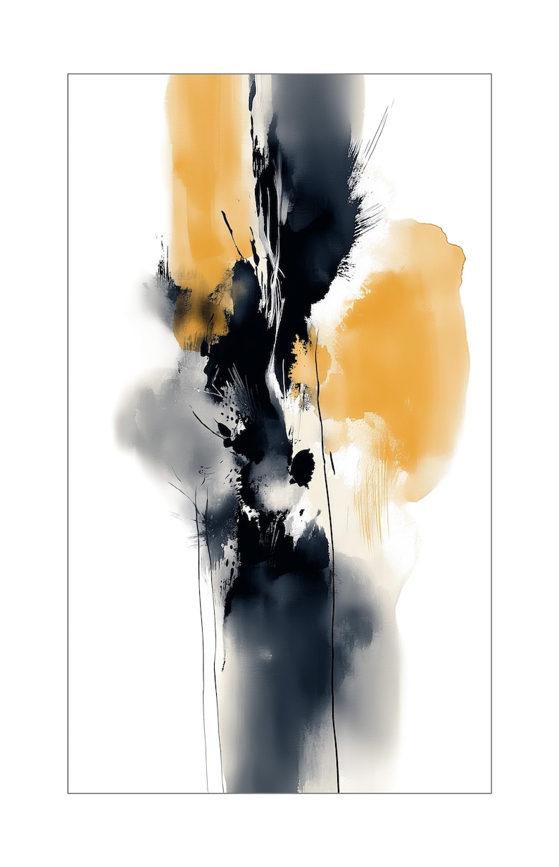 May include: Abstract art print with a vertical design of layered brushstrokes. The artwork uses black, mustard yellow, and grey against a white background. Fine black lines add detail to the design.