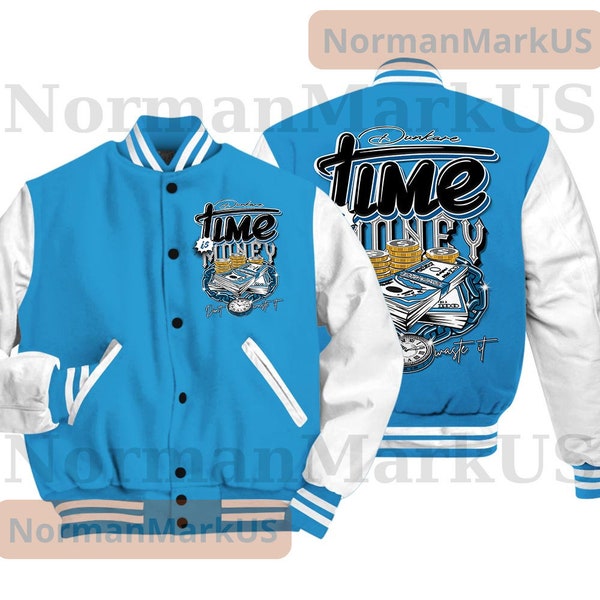 Dunkare Varsity Time Is Money, 9 Powder Blue Baseball Varsity Jacket, To Match Sneaker Powder Blue 9s Graphic Tee 1904 HDT