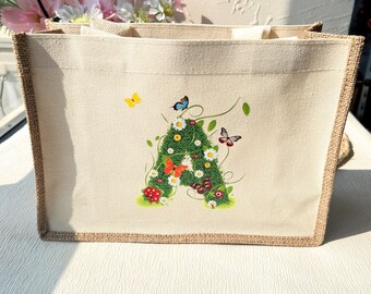 Letter bloemenprint handtas, gepersonaliseerde canvas tas, outdoor campingtas, luxe boodschappentas, Moederdagcadeau, cadeau voor haar