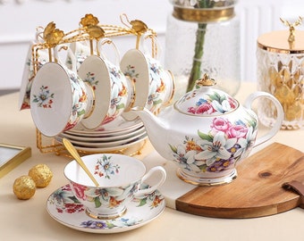 Europese keramische koffiekop en schotel | Brits afternoon tea servies | Keramisch bloementheeservies | Theekransje theeservies | Moederdag cadeau