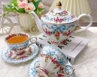 English afternoon tea set | Ceramic tea set | Coffee set |French romantic bow tea set|Retro tea set|Ceramic flower tea set|Tea party tea set