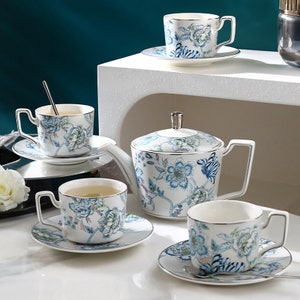 Creative ceramic tea set Ink blue and white afternoon tea set Ceramic tea set Ceramic coffee set Coffee cup and saucerflower tea set zdjęcie 2