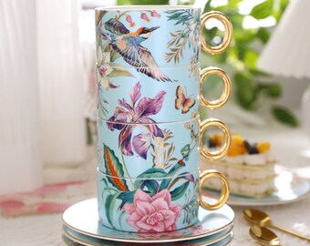 Taza de café y platillo de cerámica de estilo pastoral/Juego de café de cerámica europeo/Juego de té de flores/Juego de té de la tarde/Regalos hechos a manoRegalos para ella