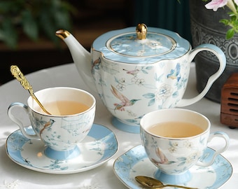 Juego de té británico / Juego de té de la tarde / Juego de taza y platillo de café / Juego de té de flores de cerámica / Juego de té creativo estilo flores y pájaros / Regalo de boda