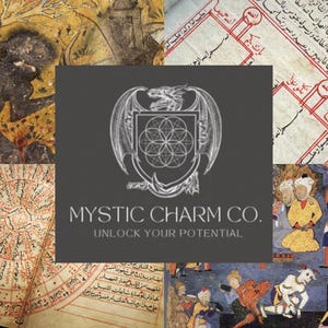 Puede incluir: Un collage de im&aacute;genes con un logotipo central que dice "MYSTIC CHARM CO. UNLOCK YOUR POTENTIAL". El logotipo es un drag&oacute;n plateado con un s&iacute;mbolo de la flor de la vida en su pecho. El collage incluye im&aacute;genes de manuscritos antiguos, una ilustraci&oacute;n en blanco y negro de una persona y una ilustraci&oacute;n colorida de personas con ropa tradicional.