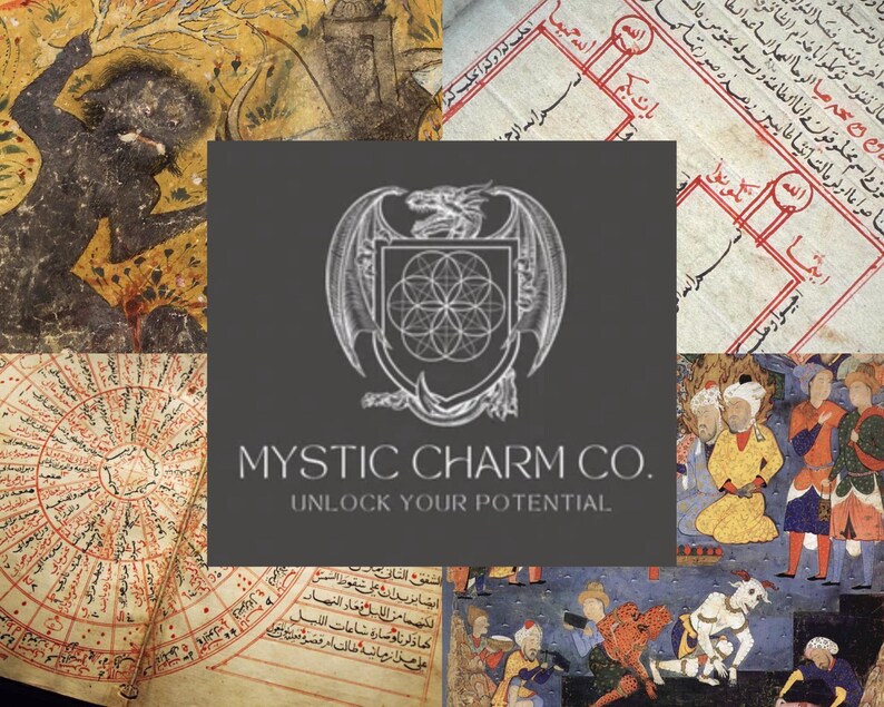 Puede incluir: Un collage de im&aacute;genes con un logotipo central que dice "MYSTIC CHARM CO. UNLOCK YOUR POTENTIAL". El logotipo es un drag&oacute;n plateado con un s&iacute;mbolo de la flor de la vida en su pecho. El collage incluye im&aacute;genes de manuscritos antiguos, una ilustraci&oacute;n en blanco y negro de una persona y una ilustraci&oacute;n colorida de personas con ropa tradicional.