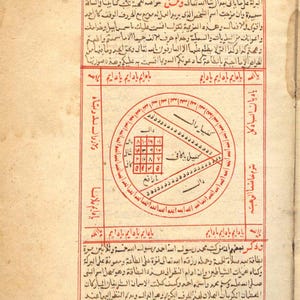 Puede incluir: Una p&aacute;gina de un libro antiguo con texto &aacute;rabe y un diagrama de un c&iacute;rculo con un cuadrado dentro. El c&iacute;rculo tiene l&iacute;neas dibujadas a trav&eacute;s de &eacute;l y el cuadrado tiene n&uacute;meros dentro. El texto alrededor del c&iacute;rculo dice "Allah Allah" y el texto alrededor del cuadrado dice "Yadiyan al-Siyad" y "Yadiyan al-Siyad".