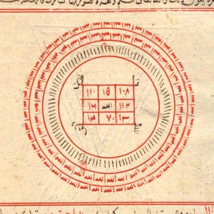 Puede incluir: Un c&iacute;rculo rojo con una cuadr&iacute;cula en su interior, que contiene n&uacute;meros ar&aacute;bigos. El c&iacute;rculo est&aacute; rodeado de c&iacute;rculos conc&eacute;ntricos con texto &aacute;rabe. El texto dice "Allah" repetidamente.