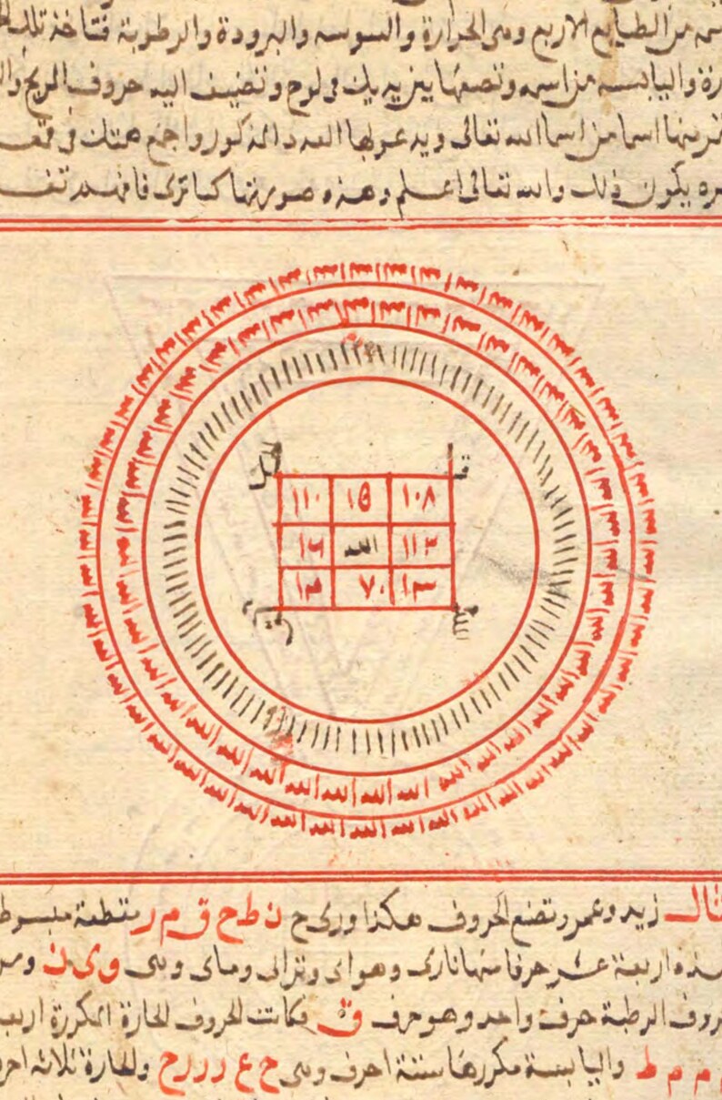 Puede incluir: Un c&iacute;rculo rojo con una cuadr&iacute;cula en su interior, que contiene n&uacute;meros ar&aacute;bigos. El c&iacute;rculo est&aacute; rodeado de c&iacute;rculos conc&eacute;ntricos con texto &aacute;rabe. El texto dice "Allah" repetidamente.