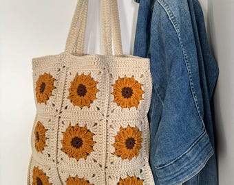Handmade Crochet Sunflower Tote Bag: Cotton Shoulder Bag