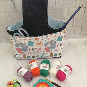 Handmade Fabric Organizer Tote ,Sewing Theme Caddy Bag with Pockets ,Craft Storage Basket for Knitting,Crochet or Quilting”