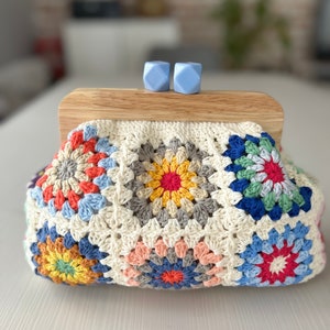 Granny Square Crochet Clutch with Wooden Kiss Lock