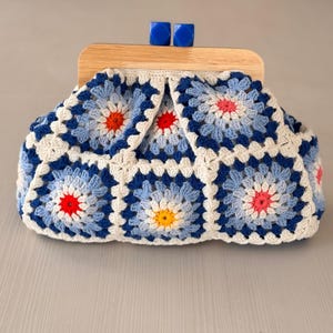 Handmade Blue Crochet Clutch: Granny Square Boho Bag with Wooden Frame