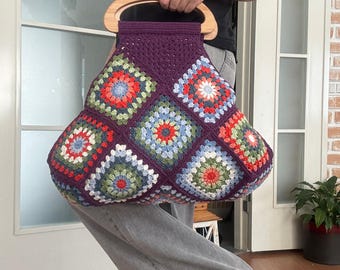 Handmade Crochet Granny Square Bag: Colorful Boho Tote with Wooden Handles