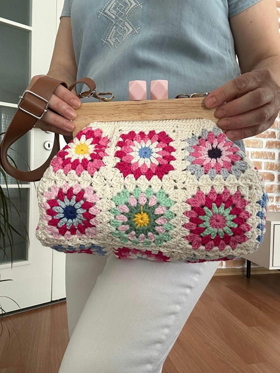 Pink Crochet Granny Square Purse: Wooden Kiss Lock, Cotton Lined