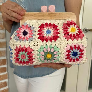 Pink Crochet Granny Square Purse: Wooden Kiss Lock, Cotton Lined
