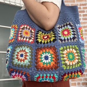 Blue Crochet Granny Square Tote Bag: Handmade Cotton Lined Shoulder Bag