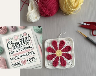 Puede incluir: Un patrón de crochet para una flor de margarita 3D. El patrón está escrito en una fuente colorida e incluye el texto "Crochet Pattern PDF & Tutorial Made with Love Made with Love". La imagen también muestra un cuadrado de flor de margarita tejido a crochet en hilo blanco con un centro rojo y un centro amarillo.