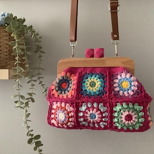 Granny Square Crochet Purse: Handmade Wooden Kiss Lock Clutch