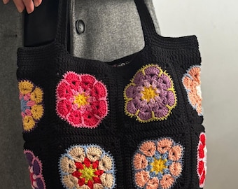Handmade Crochet Tote Bag with Colorful Granny Squares,Boho Style Shoulder Bag