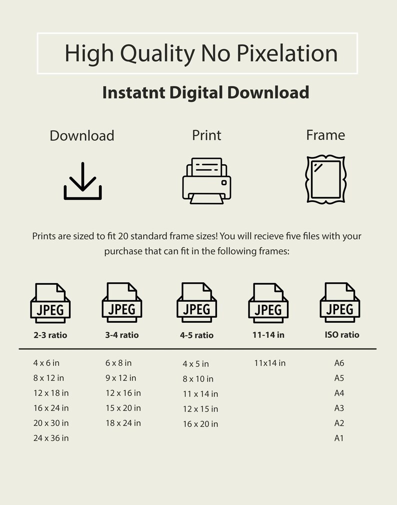 Pu&ograve; includere: Un grafico informativo per il download digitale istantaneo con icone per download, stampa e cornice. Elenca cinque file JPEG con rapporti 2-3, 3-4, 4-5, 11-14 pollici e ISO, dettagliando 20 dimensioni di cornice standard per ogni categoria.