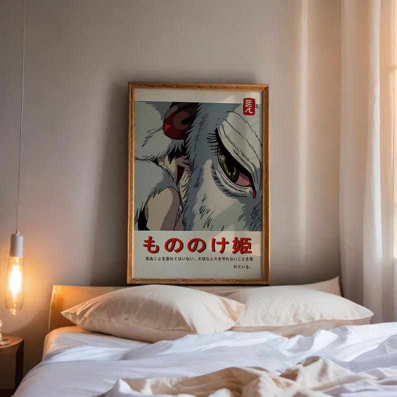 May include: A vintage-style poster for the animated film "Princess Mononoke" featuring a close-up of the wolf god, Moro, with a young girl, San, in the foreground. The poster is in Japanese and reads "もののけ姫" (Princess Mononoke) and "死ぬことを恐れてはいない。大切な人々を守れないことを れている。" (I am not afraid to die. I am afraid of not being able to protect the people I love).
