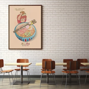 May include: A poster with a cartoon illustration of a girl holding a bowl of ramen noodles. The poster is hanging on a white brick wall in a restaurant setting. The text on the poster reads "Studio Ghibli" and "12/12/2014".