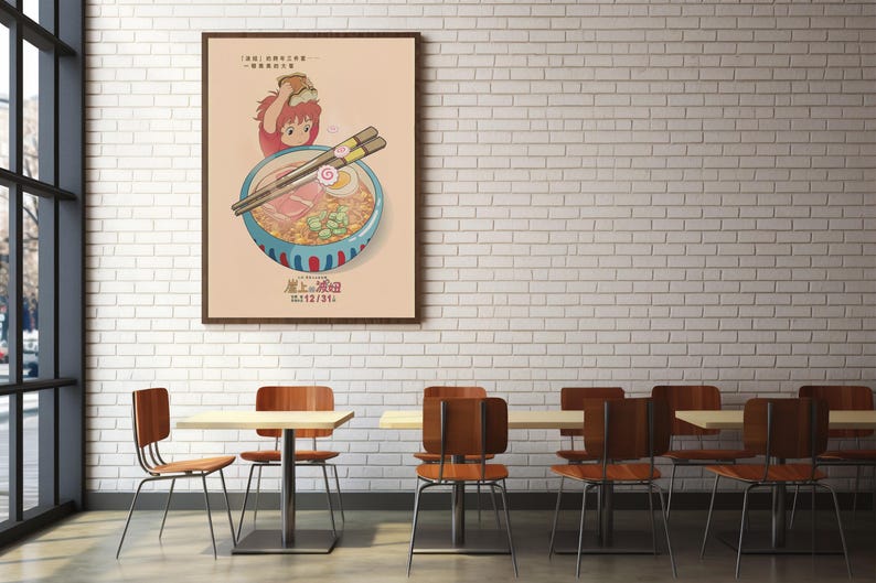 May include: A poster with a cartoon illustration of a girl holding a bowl of ramen noodles. The poster is hanging on a white brick wall in a restaurant setting. The text on the poster reads "Studio Ghibli" and "12/12/2014".