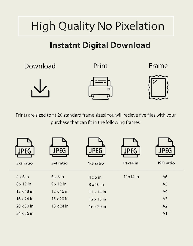 May include: Digital download graphic with text "High Quality No Pixelation" and "Instatnt Digital Download." Includes icons for download, print, and frame. Lists print sizes in inches, including 4x6, 8x12, 12x18, 16x24, 20x30, and 24x36.