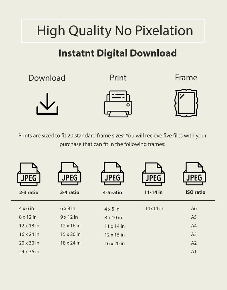 May include: Digital download graphic with text: High Quality No Pixelation, Instatnt Digital Download. Includes download, print, and frame icons. Lists print sizes in inches for 20 standard frame sizes, including 4x6, 8x12, 12x18, 16x24, 20x30, and 24x36.